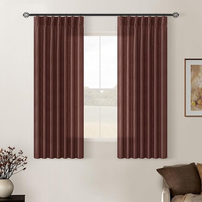 Chestnut Brown Pinch Pleated Linen Sheer Curtains 45 Inch Length 2 Panels | for Kitchen Small Bay Window Basement, Pinch Pleated with Hooks Rings Back Tab, Memory Shape, Thick Linen Semi Sheer, W40xL45