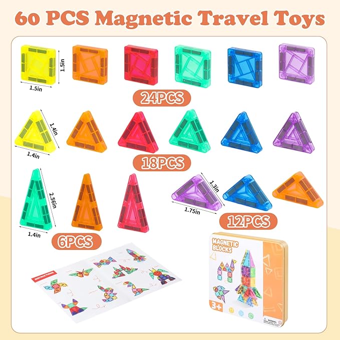 60 PCS Mini Magnetic Tiles, Travel Magnetic Tiles Magnetic Building Blocks with Iron Box, Portable Travel Toys for Kids Ages 4-8, STEM Learning Educational Construction Travel Toys for Toddlers 3-5