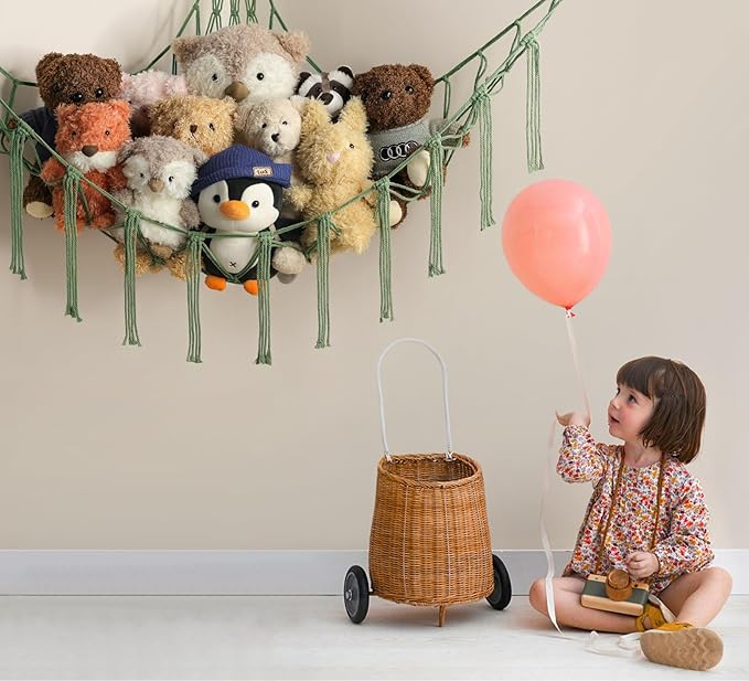 Stuffed Animal Hammock-Large Stuffed Animal Net For Toys Corner-Hanging Stuff Animal Toy Storage Organizer For Plush Plushie Display Yellow Girl Room Bedroom Boho Nursery Decor Toy Storage