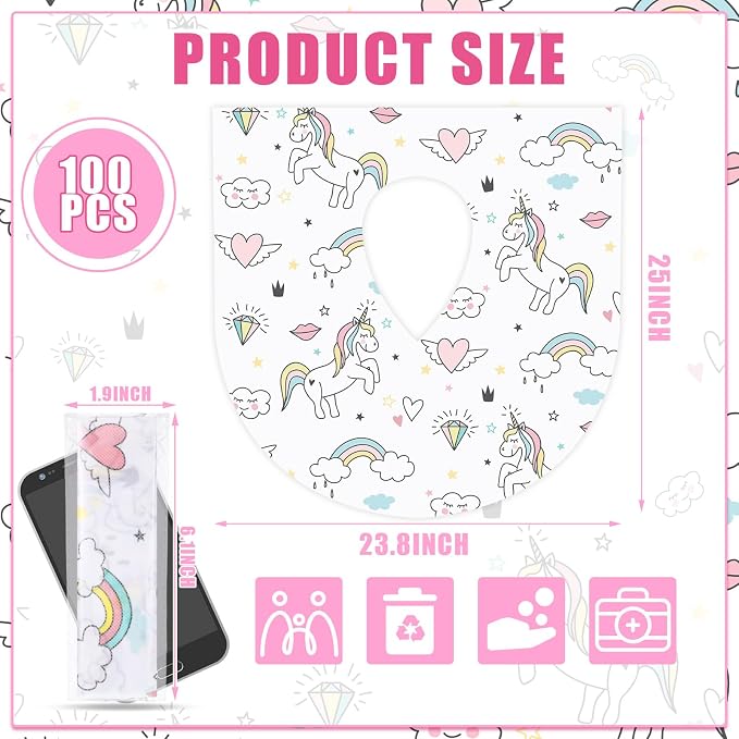 100 Pieces Toilet Seat Covers Disposable For Kids Toddler Flushable Toilet Covers Travel Pack Waterproof Potty Training Liner Pads Extra Large Foldable Toilet Covers for Baby and Adults (Unicorn)
