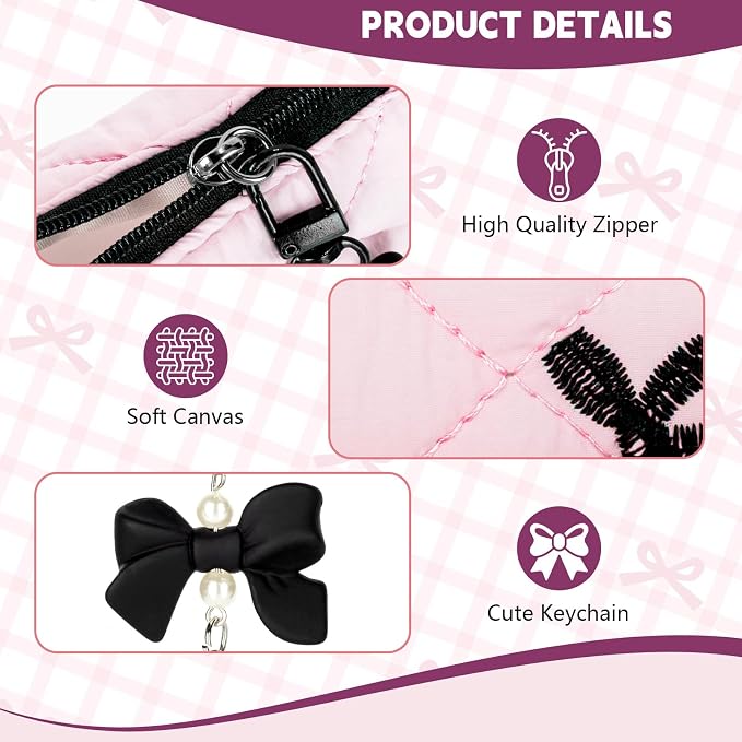 Mini Makeup Bag, Small Bow Tie Cosmetic Bag for Purse with Keychain, Portable XS Travel Makeup Pouch for Daily Use (Pink-Black Bow Tie)