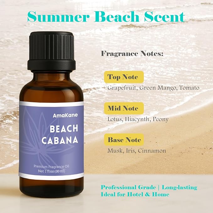 AmaKane Beach Cabana Fragrance Oil, Beach Essential Oil for Diffuser, Summer Fragrance Oil for Candle Making, DIY Soap Making Scents, Diffuser Oils for Home, Aromatherapy Oils, 30ml