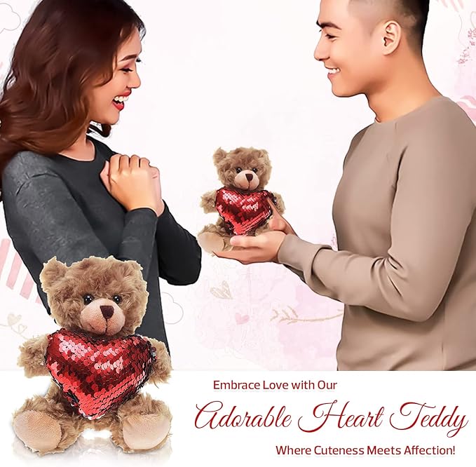 Plush Stuffed Animal Mocha Heart Bear – Love You Bears- Toy for Kids & Adults Valentine's Day - Embroidered Heart Pillow (6 Inch, Red Heart)