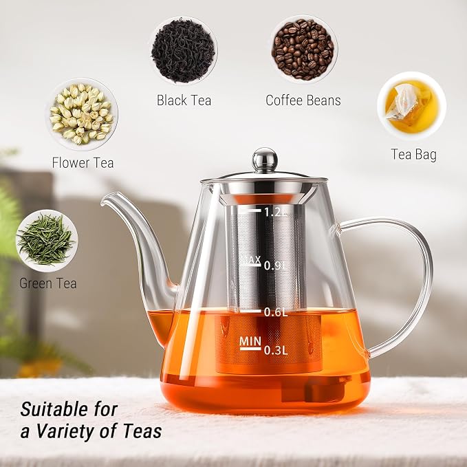 PARACITY Glass Teapot Stovetop, Borosilicate Clear Tea Kettle with Removable 18/8 Stainless Steel Infuser, Teapot Blooming and Loose Leaf Tea Maker Tea Brewer for Camping (transparent, 1200ml-scale)