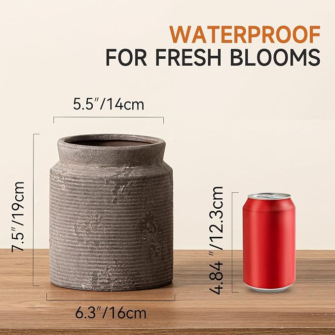 Ceramic Flower Vase 7.5 inch Farmhouse Rustic Vase for Home Decor Handcrafted Pottery Terracotta Vases for Dining Table Decor Fireplace Living Room Bathroom Wedding Centerpiece (M-Dark Gray)