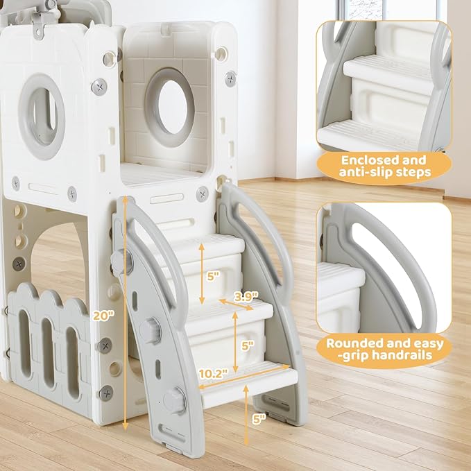 Arlopu 9 in 1 Toddler Slide Set, Kids Large Climber Slide Playset w/Long Slope, Telescope, Storage Space, Enclosed Steps, Indoor Outdoor Playground (White & Gray)