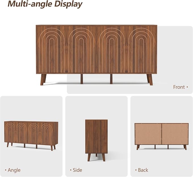 weselon 59" Buffet Cabinet with Storage, Modern Accent Sideboard Storage Cabinet with 4 Doors & Carving Lines, Wooden Coffee Bar Table Console for Living Room Kitchen Office and Hallway (Walnut)