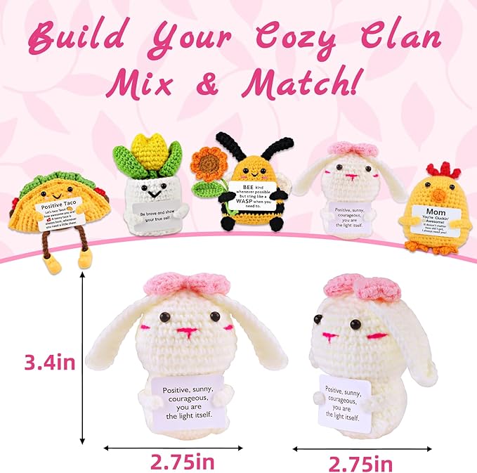 PARTY TONIGHT Mini Funny Positive Bunny Inspirational Gifts,Handmade Emotional Support Crochet Pink Bow Bunny for Women Men Coworker Positive Crochet Bunny Home Decor