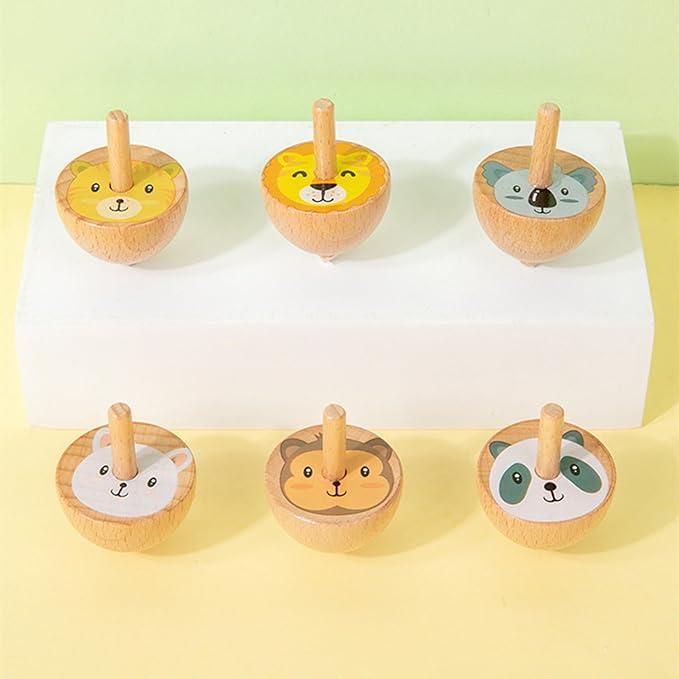 6 Pcs/Set Beech Wood Spinning Tops Toy for Kids, Animal Wooden Gyroscopes Toy for 3 4 5 6 7 Years, Fruit Educational Kindergarten Toys, Spin Tops for Party Games Birthday Gifts Family Fun (Animal)