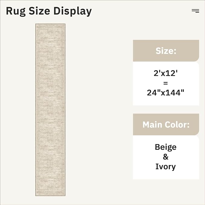 Soalmost Runner Rug 2x12 Washable Non-Slip Hallway Kitchen Runners Beige | Stain Resistant Vintage Rugs for Bathroom Laundry Room, Low Pile Foldable Floor Carpet Mat for Entryway Corridor Bedroom