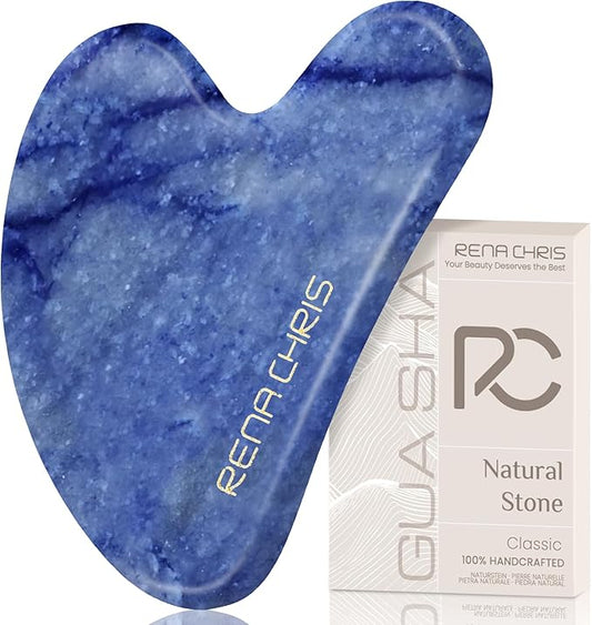 Rena Chris Gua Sha Facial Tools: Natural Blue Aventurine Guasha Tool for Face Acupuncture Therapy, Facial Massager for Jawline Sculpting and Puffiness Reducing (Blue)
