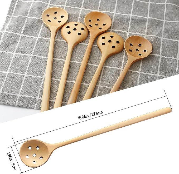 1 Pcs Olive Wooden Spoon,11 In Korean Style Long Handle Round Slotted Spoon | Long Slotted Spoon for Jam Olive