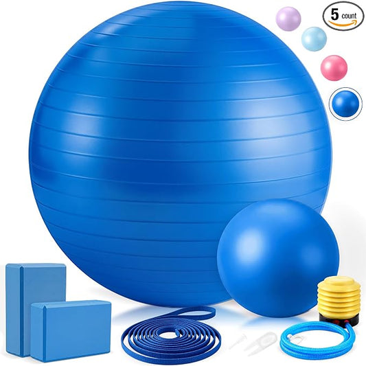 Pilates Set with 2 Yoga Exercise Balls (25.6”&9.8”), Yoga Block, Stretch Strap & Foot Pump, Stability Fitness Ball Kit for Home Gym Equipment Workout Pregnancy Physical Therapy