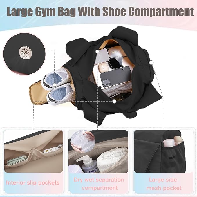 Gym Bag for Women & Men Duffle Bag with Shoes Compartment and Wet Compartment - Ideal for Travel, Gym, Sports, Duffel, Weekender, Dance