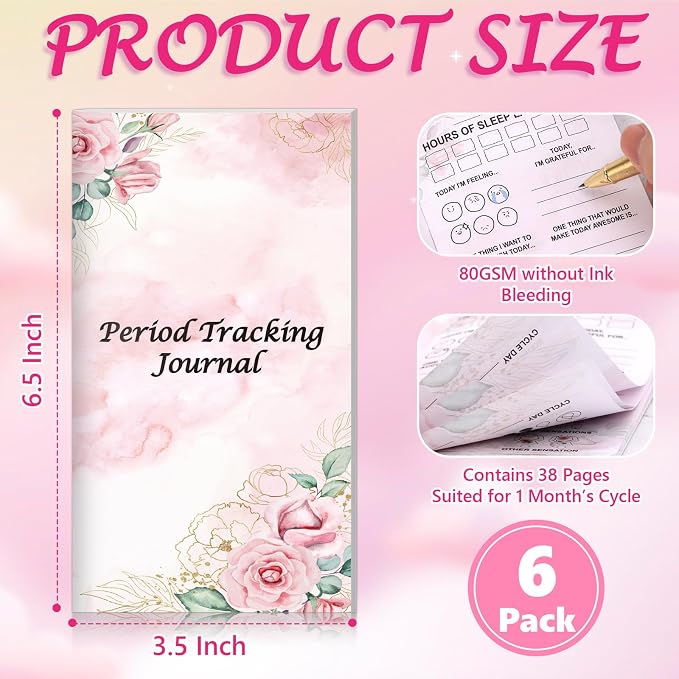 6 Pack Period Tracker Journal for Girls 6.5x3.5 Inch Period Tracking Notebook First Period Starter Kit Funny Daily Menstrual Cycle Tracker Gifts for Girls Teens Feminine Care 80GSM