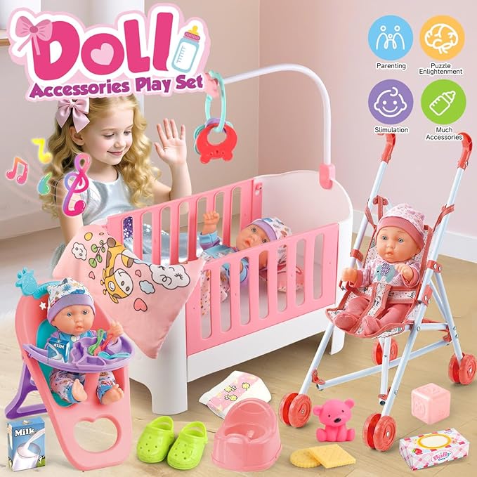 Baby Doll Crib and Stroller Accessories Play Set with 11" Baby Doll,Dining Chair,24 PCS Dolls Accessories and 2 Sets Clothes,Realistic Pretend Play for Girls Kids 3-5 4-6 5-7 Year Gifts
