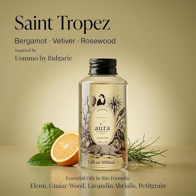 A U R A - Saint Tropez Fragrance Oil for Waterless Scent Diffuser - Inspired by Bul.geri Homme | (3.4 fl oz, 100 ml) Pure Essential Oil Blends for Aromatherapy Diffuser & Hotel Collection Oil Diffuser