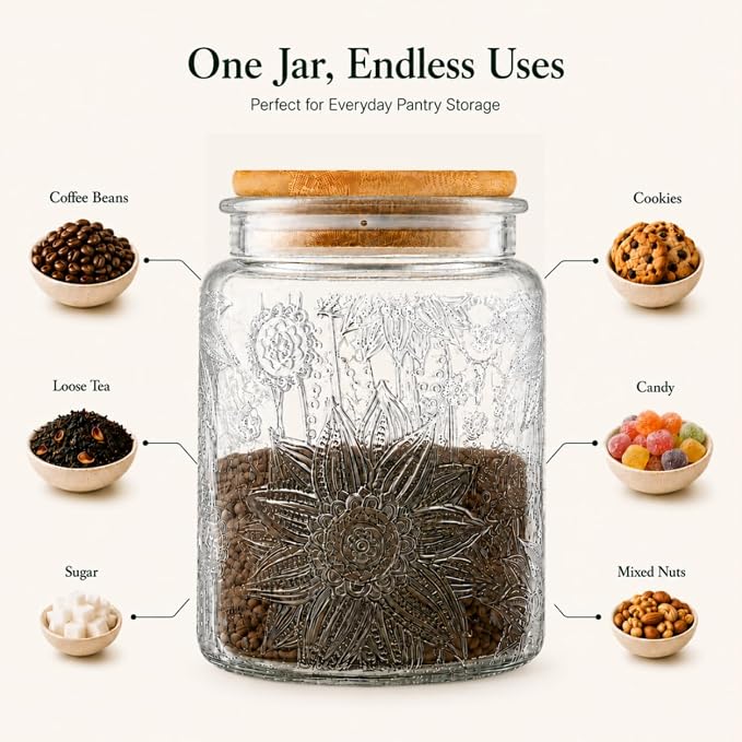 2 Pack Vintage Glass Jars with Lids, Airtight Coffee Storage Jars | Glass Food Storage Containers, Kitchen Canister Set for Coffee Tea Sugar Candy Cookie, Decorative Mason Jars, Cute Jars