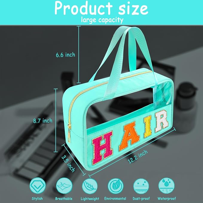 Bunliuys Chenille Letter Clear Makeup Bag Hair Patch, Travel Toiletry Makeup Bag with Handle, Nylon Waterproof Makeup Bags clear cosmetic bag, preppy patch makeup bag for Women (HAIR-Mint Green)