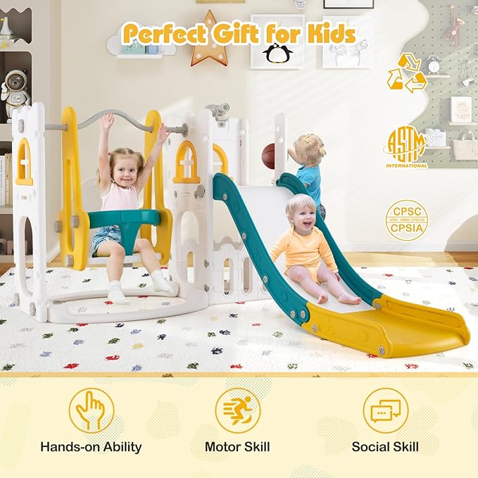 Costzon 7 in 1 Toddle Swing and Slide Set, Freestanding Toddler Slide Playset w/Swing, Basketball Hoop, Kids Slide for Toddler Age 1-3 Playground w/Storage Space, Gifts for Boys Girls (Yellow)