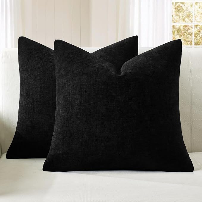 MIULEE Black Chenille Couch Throw Pillow Covers, 18x18 | Set of 2, Soft Halloween Decor, Modern Farmhouse Decorative Pillowcases for Sofa Living Room Bed