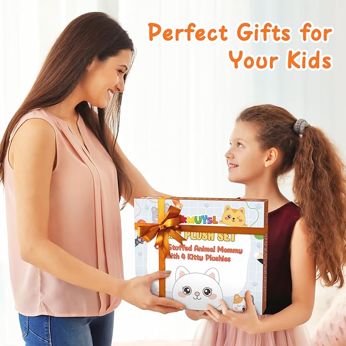 KMUYSL Cat Stuffed Animals Toys for Ages 3 4 5 6 7 8+ Years Old Kids - Mommy Cat with 4 Baby Kitty in Her Tummy, Idea Xmas Birthday Gifts for Baby, Toddler, Girls, Boys