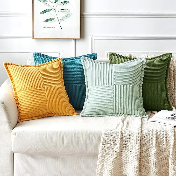 MIULEE Decorative Throw Pillow Covers for Couch 18x18 Inch Light Green | 2 Pack, Boho Broadside Striped Patchwork Pillow Covers, Soft Corduroy Cushion Cases, For Sofa Bed Livingroom Home Decor