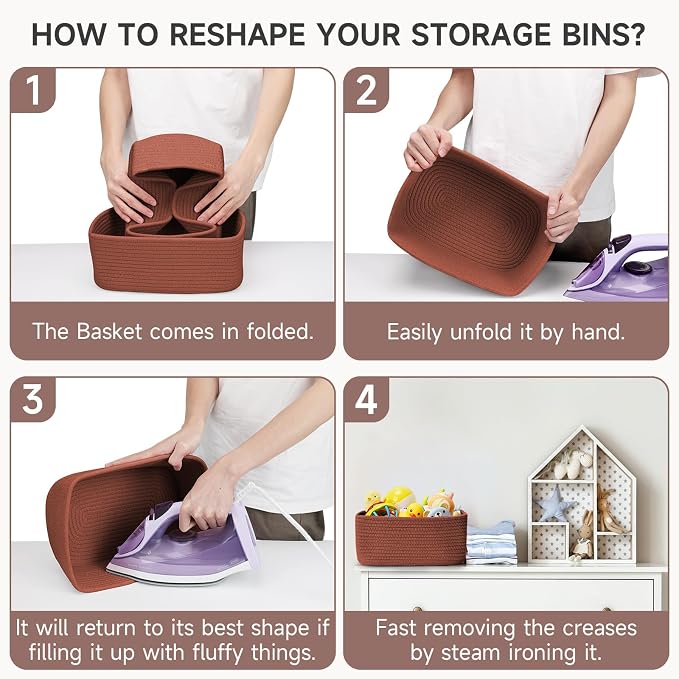 3 Pack Small Storage Baskets for Organizing, 11.8×7.8×5.1", Oxide Red | Woven Baskets for shelves, Cotton Rope Basket for Gifts Empty, Closet Organizer Bins with Handles, Cube Decorative Box