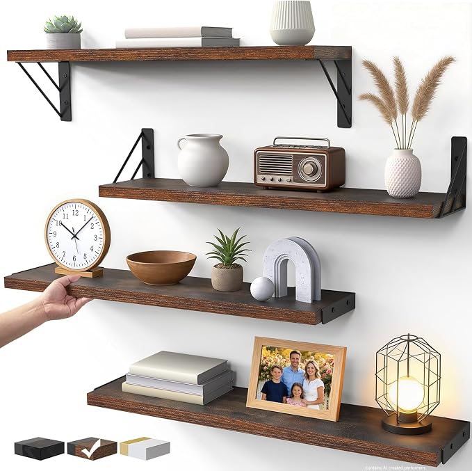 BAYKA Wall Shelves for Bedroom Decor, Floating Shelves for Wall, Display Mounted Rustic Wood Shelf for Books,Plants,Corner Shelves for Bathroom,Kitchen,Living Room(Rustic Brown，23in，Set of 4)