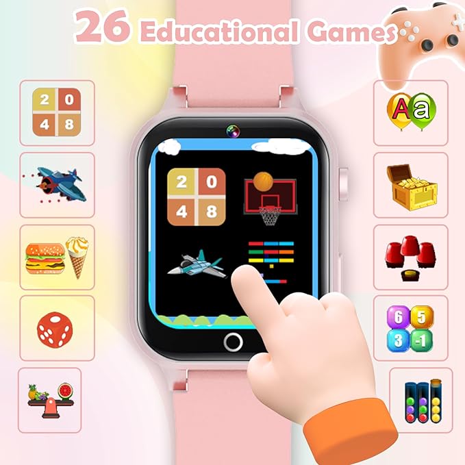 Kids Games Watch, with 26 Puzzle Games, Touch Screen, HD Camera, Alarm Clock, Toys for Ages 4-12 Years Old.Birthday Gift for Boys Girls (Soft Pink)