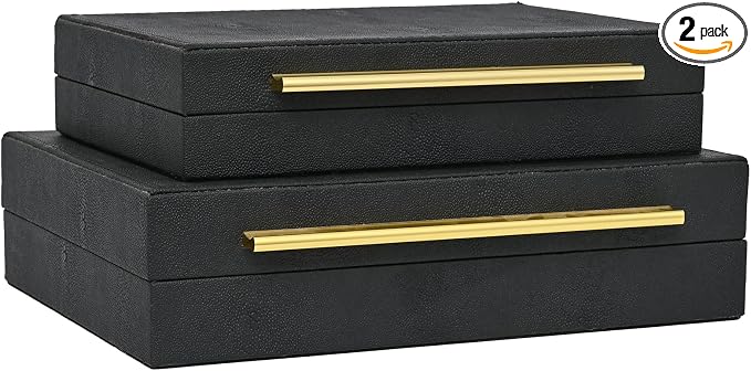 DECOR4SEASON Faux Shagreen Leather Jewelry Boxes Set of 2 with Gold Handles | Decorative Organizer Storage Box for Rings, Earrings, Watches, Dresser, Vanity, Stackable, Black