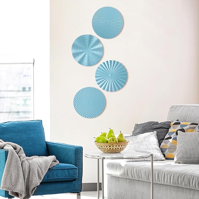 Hicarer 4 Pcs 12 Inch Blue Metal Wall Art Decor Modern Sunburst Hanging Artwork Decor Wall Decorations for Home Bedroom Bathroom Living Room Office Sculpture