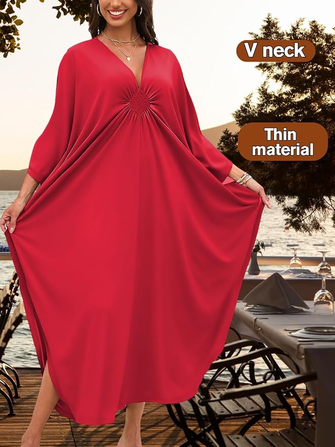 ChiaoLezhee Print Moo-Moos for Women, Kaftan Cover-Up Dresses, Sexy V-Neck High-Slit, Beach Pool-Party Coverups Muumuu Plus