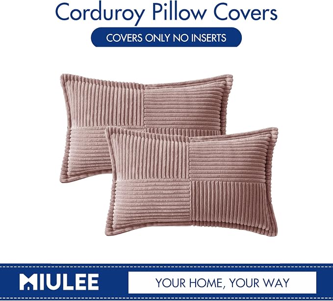 MIULEE Decorative Lumbar Throw Pillow Covers 12x20 Inch Blush Pink 2 Pack | Boho Broadside Striped Patchwork Pillow Covers, Soft Corduroy Cushion Cases, For Couch Sofa Bed Livingroom Home Decor
