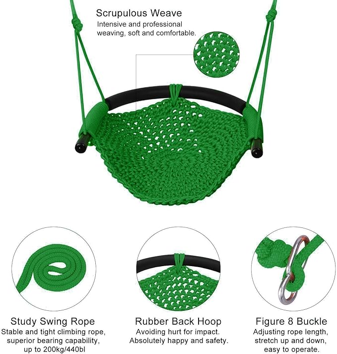 JKsmart 2 Pack Kids Swing Seat, Heavy Duty Rope Play Secure Children Swing Set, Toddler Swing Chair for Outdoor/Indoor/Playground/Home/Tree, with Snap Hooks and Swing Straps,440 lbs Capacity,Green