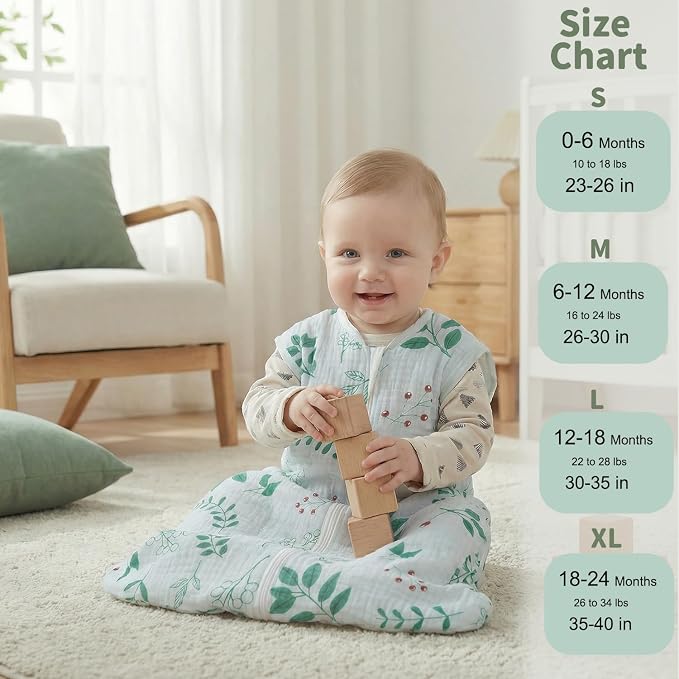 BSTOPPT 2 Pack Baby Sleep Sack 18-24 Months 100% Organic Cotton Muslin Baby Sleeping Bag 2-Way Zipper Wearable Blankets TOG 0.3 (Green & Leafy Cherry, X-Large)