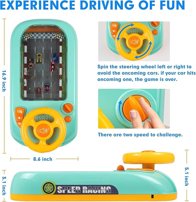 Racing Adventure Car Steering Wheel,Car Racing Adventure Toy with Steering Wheel,Racing Car Toy with Steering Wheel-200 Levels,Sound Effects,Adjustable Volume,2 Speed Adjustable (Yellow)