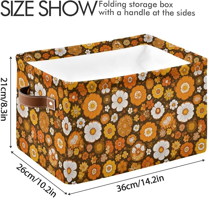 Aslsiy Storage Basket Orange 60s 70s Style Nursery Bins Retro Floral Baby Box Canvas Clothes Shelf Basket Laundry Hamper Gift Basket for Home Closet 2 Pcs