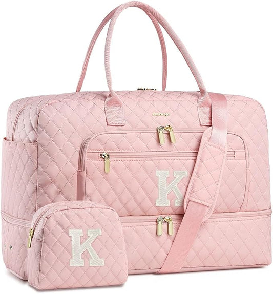 Initial Travel Duffle Bag for Women - Pink Personalized Weekender bags Overnight Bag with Shoe Compartment & Wet Pocket Weekend Tote Bags with Toiletry Bag Monogram Christmas Gifts (Letter K)