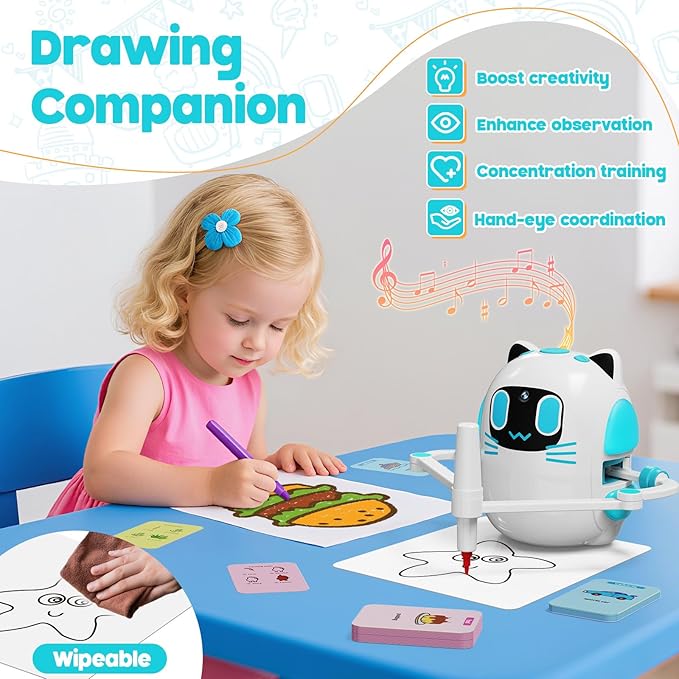 Drawing Robot for Kids with Camera Recognition, Montessori Educational Art Toy Kit with 150 Cards & 12 Colorful Pens for Preschool Learning Activities, Birthday Gifts for Boys Girls Ages 3+
