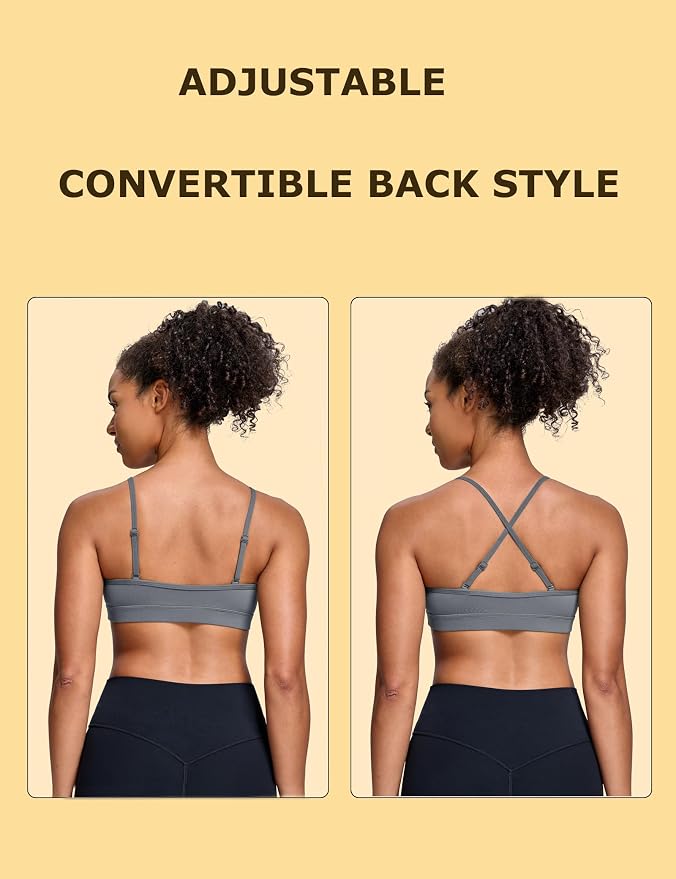 Oalka V Neck Sports Bra for Women Adjustable Padded Thin Straps Wireless Yoga Bras