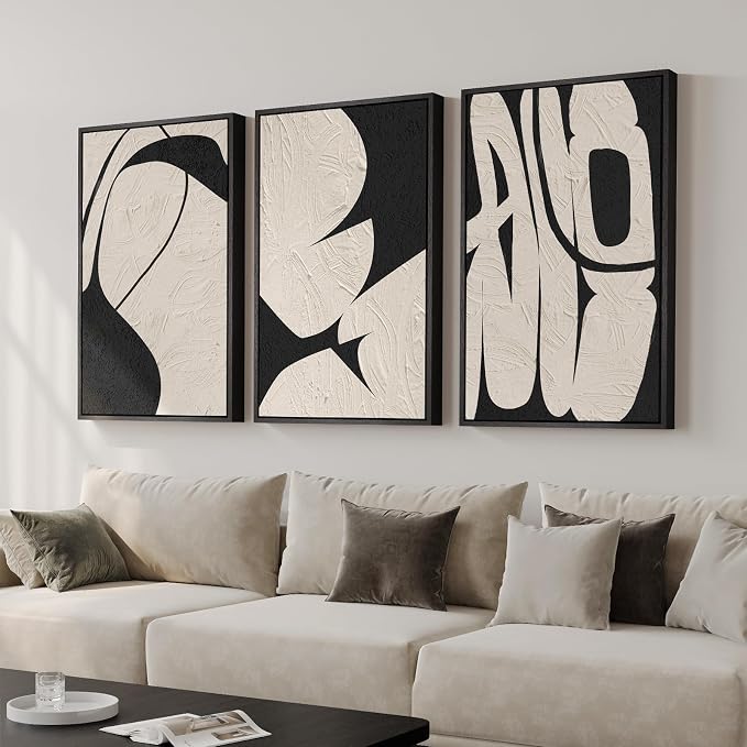 Large Framed Neutral Abstract Wall Art, 3 Piece Black and Beige, 24x36 In | Modern artwork, Canvas prints paintings, Wood frame, Minimalist abstract pictures, Wall decor for living room hallway office