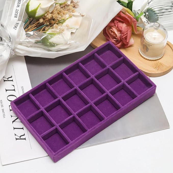 Velvet Jewelry Trays for Drawers, Purple 18 Grids | Stackable Jewelry Drawer Organizer Inserts, Ring Earring Holder Organizer Storage Display Tray with Removable Dividers