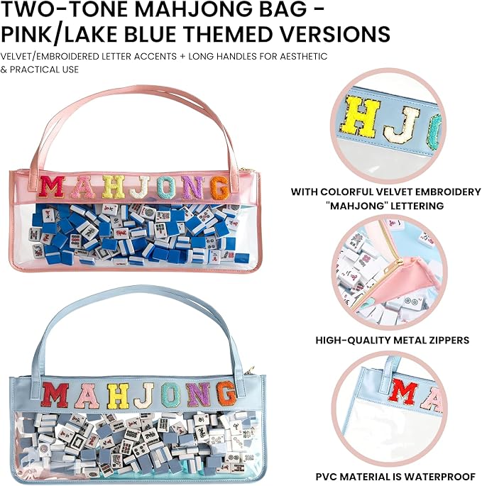 Empty Mahjong Bag -Hand-Embroidered ，PVC Transparent Waterproof Tote Bag for American Tiles, Handheld Storage with Handle-Pink & Blue (pink)