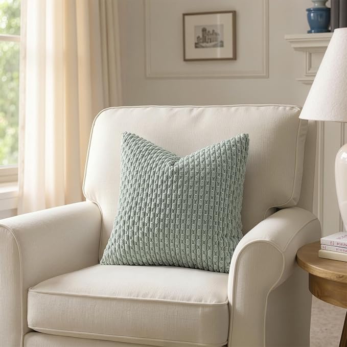 MIULEE Decorative Throw Pillow Covers 16x16 Greyish Green Textured Corduroy | Pack of 2 Striped Pillow Covers Modern Farmhouse Home Decor for Couch Bed Sofa Living Room