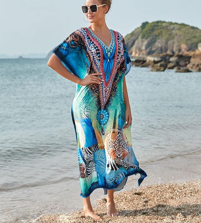 Venasha Womens Caftan Floral Print Kaftan Dress Short Sleeve Swimsuit Cover up Loungewear for Summer