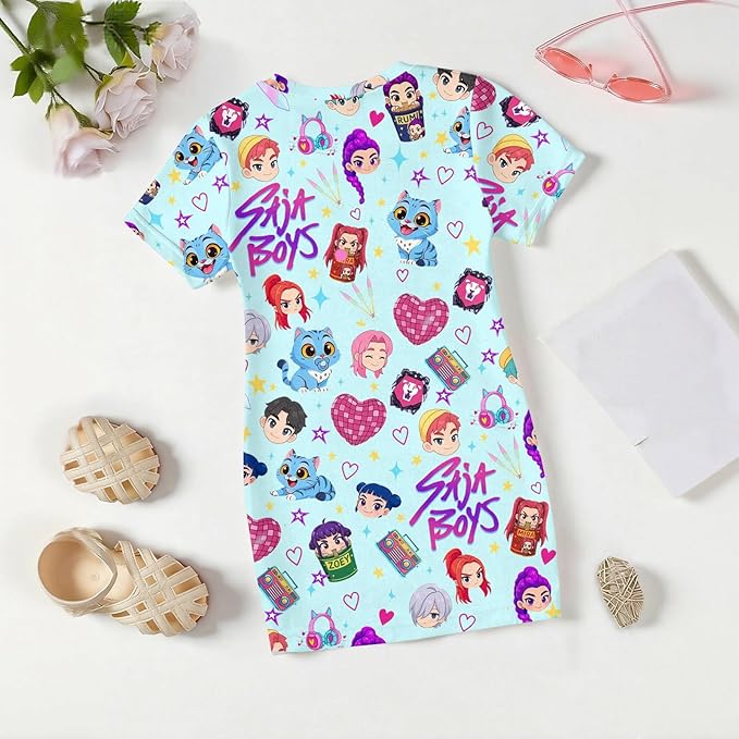 Girl's Anime K-POP Graphic Long Dress T-Shirt - Casual Loose Fit Short Sleeve Top