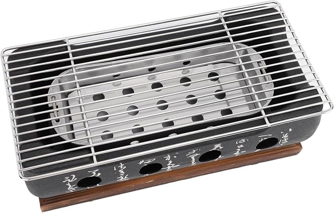 Upgraded Japanese Hibachi Grill, Portable Tabletop Yakitori Charcoal BBQ Indoor Outdoor with Wooden Base & Grill Grid - 6.7x4.73x13.6in (XL)