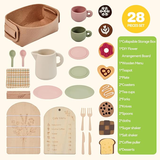 Youuys Tea Party Set for Toddlers 3-5, Wooden & Silicone Pretend Play Tea Set with Desserts, Table Decor Board & Basket, Garden Tea Party Toy for Girls Boys, Birthday Gift for Kids Ages 3+