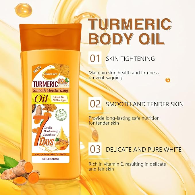 2 Packs Turmeric Oil, Natural Moisturizing Nourishing for Face and Body, Vitamin E Body Oil, Anti-aging, Wrinkle Skincare Essential oil for All Skin Types, 6.8 fl oz*2